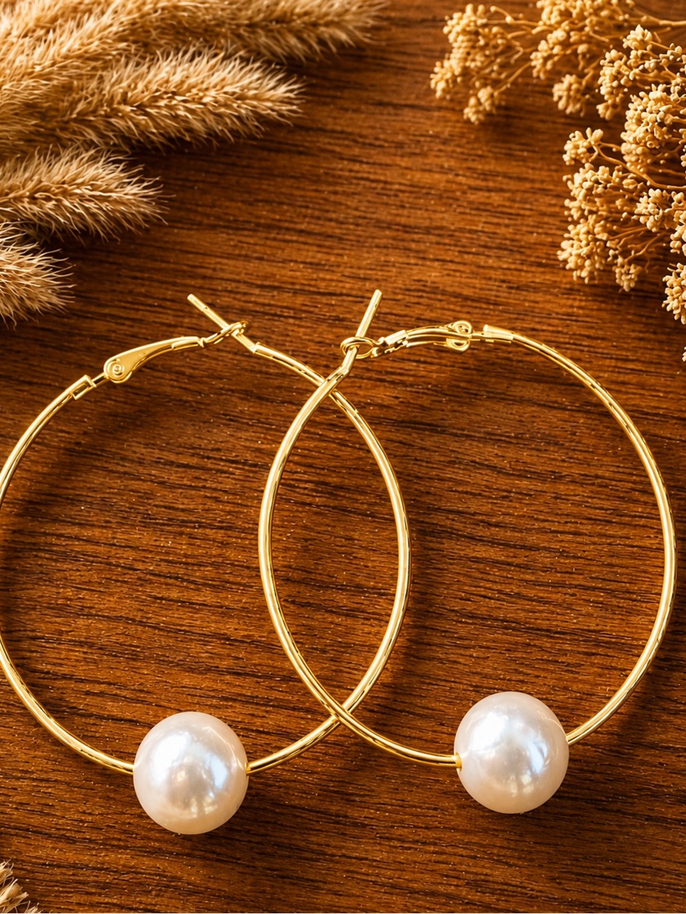Gold Hoop Earrings with White Pearl Accent - Women's Jewelry